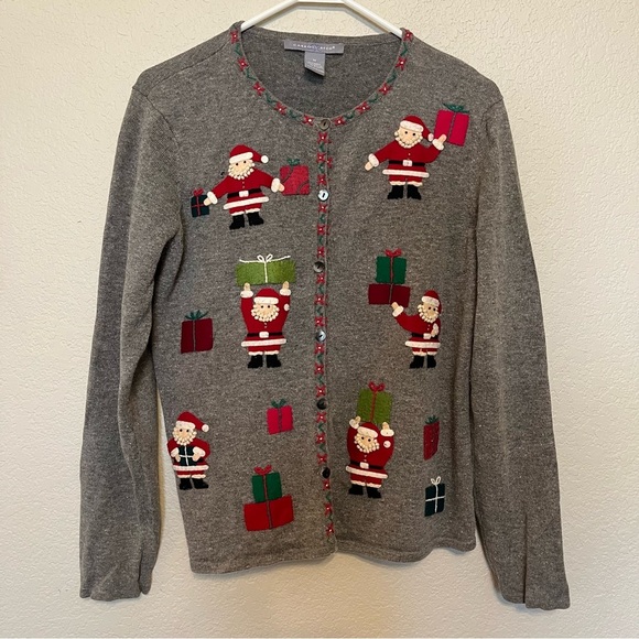 Carroll Reed Christmas Santa Gray Cardigan Sweater Women's Size Medium - Picture 1 of 9